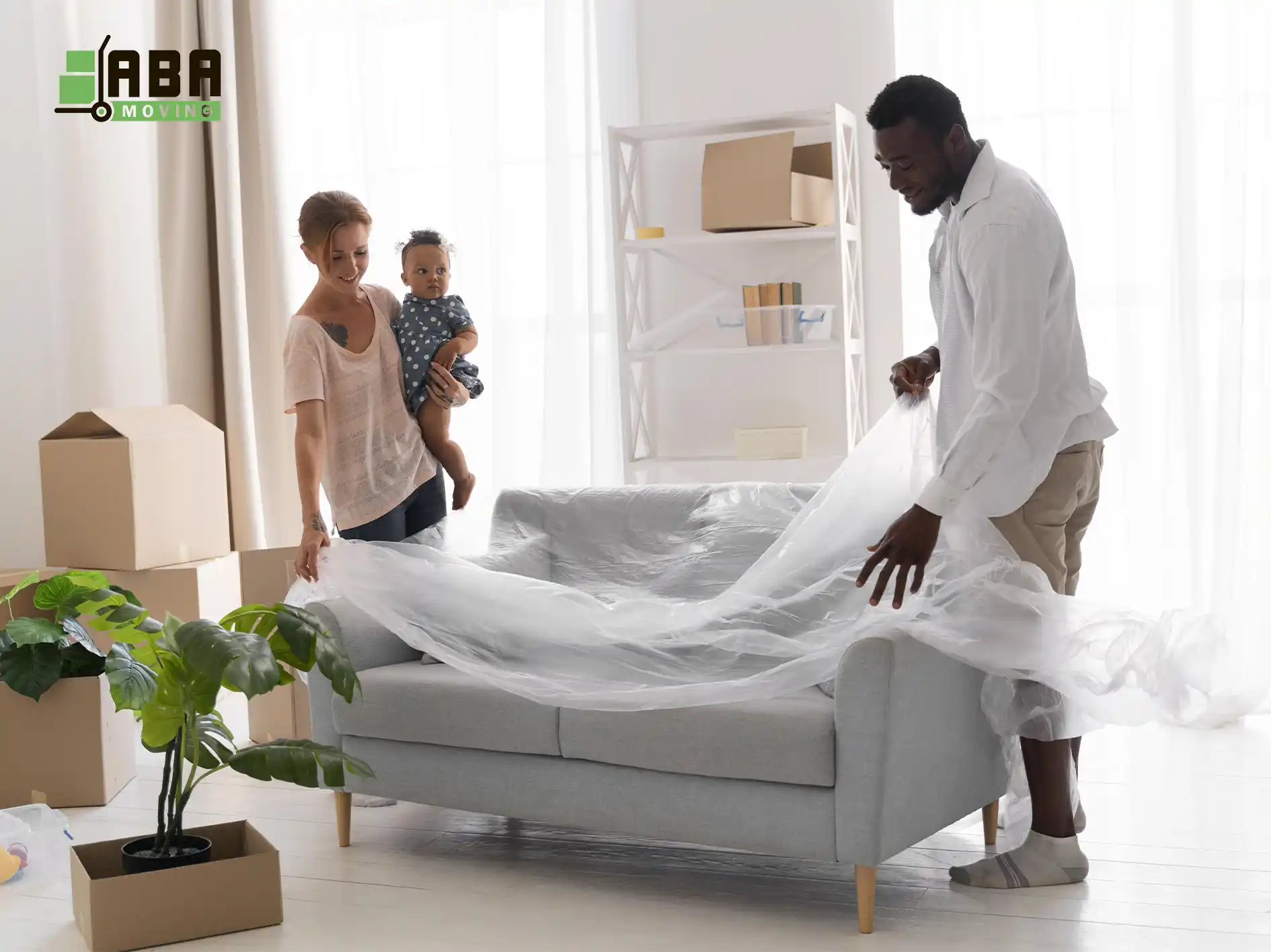 ABA Movers Relocation Customer with Kid Packing Sofa