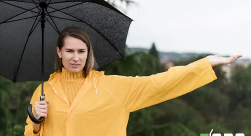ABA Movers Woman in Yellow Raincoat Umbrella