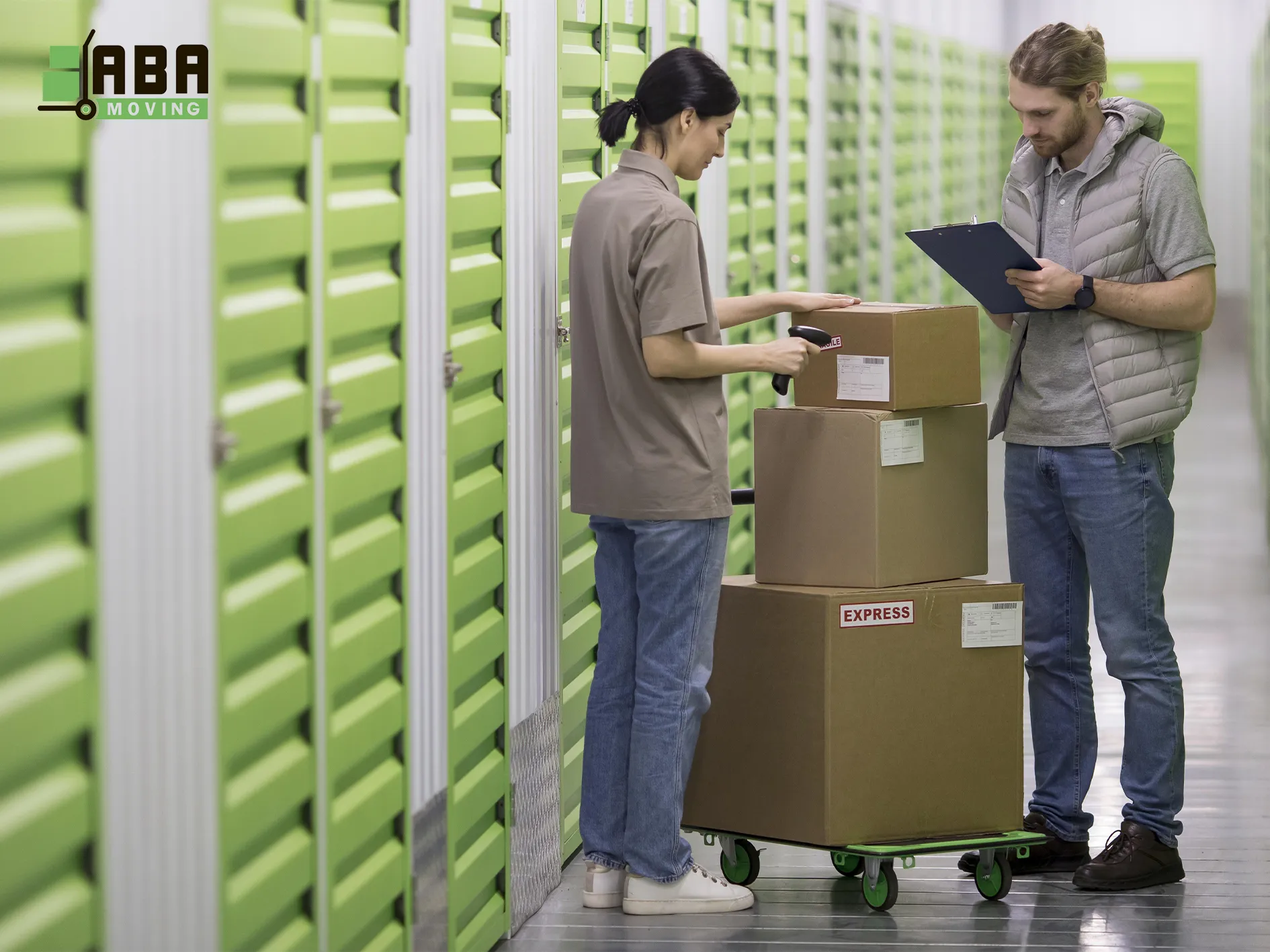 Storage Service Team Members Check Customer Boxes Before Loading in Personal Storage